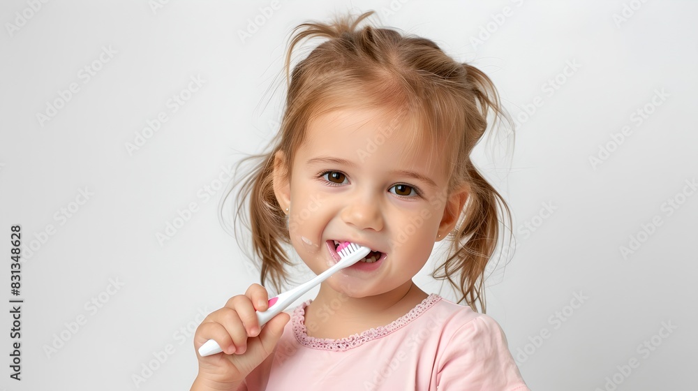 Little girl brushing her teeth. Happy child with toothbrush. Morning routine. Conceptual stock photo for dental hygiene or health education. Soft light, casual style. Innocence. AI Little girl brushing her teeth. Happy child with toothbrush. Morning routine. Conceptual stock photo for dental hygiene or health education. Soft light, casual style. Innocence. AI