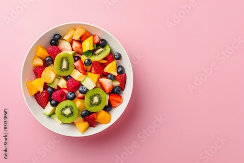 Fruit salad bowl on pink background with copy space