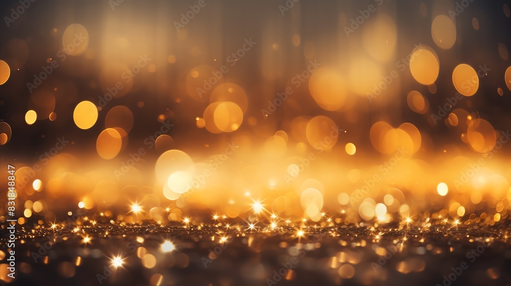 Abstract gold glitter bokeh background with warm light.