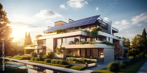 Sustainable Multiunit Buildings: Modern Residences with Solar Panels for Energy Efficiency. Concept Modern Architecture, Sustainable Design, Solar Energy, Green Living, Multiunit Buildings