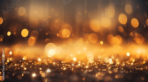 Abstract gold glitter bokeh background with warm light.