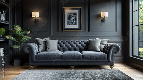 Relaxing seating area  sofa against a sophisticated  dark wall.