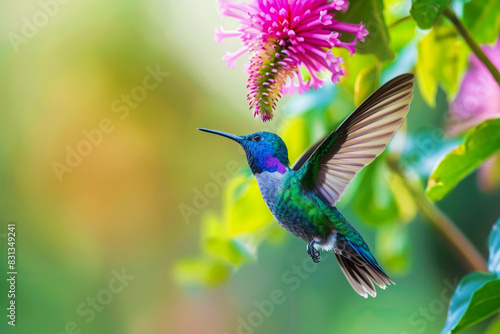 Hummingbird Hovering Near Vibrant Flowers in Tropical Jungle. Colibri bird against blurred natural background. Concept of harmony between wildlife and nature © Lazy_Bear