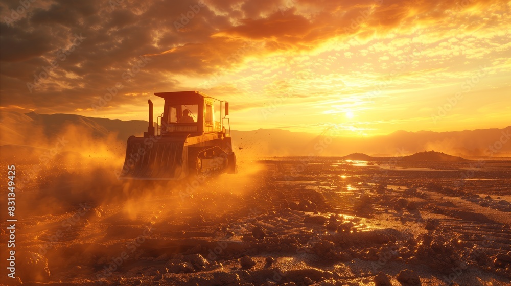 Fototapeta premium Bulldozer Digging Through Large Pile of Rubble