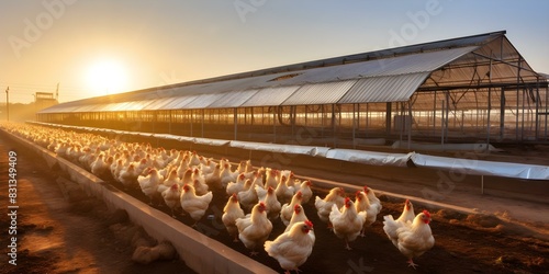 Industrial poultry farm with rows of chicken coops and conveyor belts. Concept Agriculture, Poultry Farming, Livestock, Industrial Practices, Food Production photo