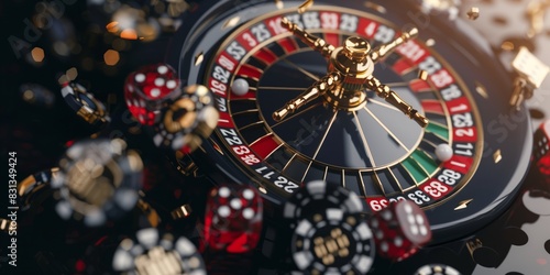 Close-Up of Roulette Wheel and Poker Chips in Casino Setting photo