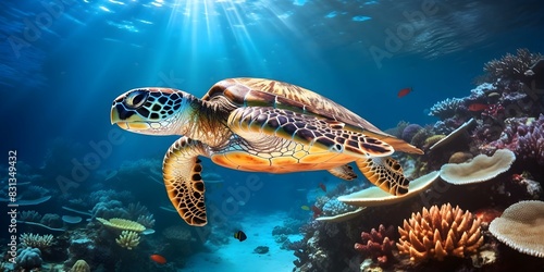 Hawksbill turtle swims in Maldives coral reef in Indian Ocean waters. Concept Wildlife Photography, Marine Life, Indian Ocean, Coral Reefs, Hawksbill Turtles photo