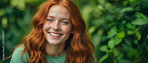 Portrait of a young beautiful smiling girl with red hair and freckles, outdoors, isolated on green background. First floor. photo