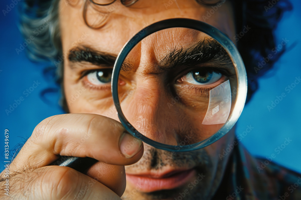 Man looking through magnifying glass against blue background. Searching concept Man looking through magnifying glass against blue background. Searching concept