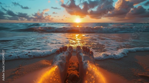 POV of Feet in Sand at the Edge of Ocean During Sunset, waves gently washing over. Summer Vacation