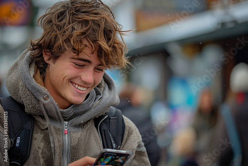 A teenager laughing while watching funny videos on his smartphone. photo