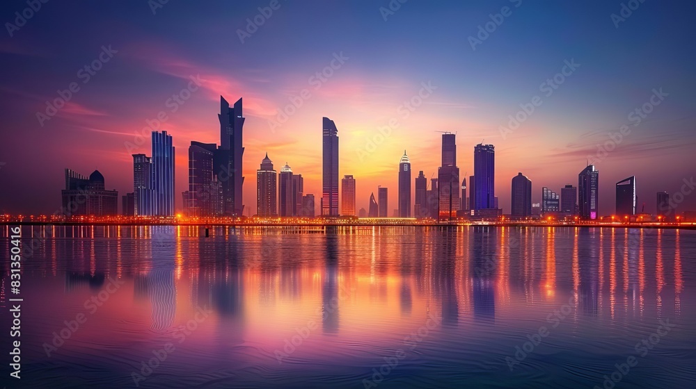 majestic abu dhabi skyline at golden sunset illuminated skyscrapers and calm waters cityscape photography