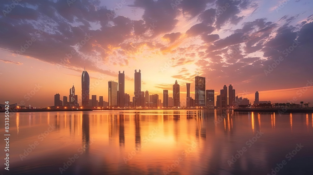 majestic abu dhabi skyline at golden sunset illuminated skyscrapers and calm waters cityscape photography
