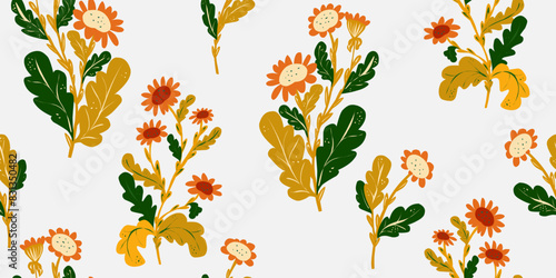 Stylized chamomile flowers, floral pattern. Vector overlapping seamless pattern