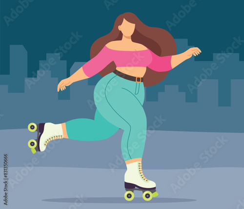 Vector illustration of plus size girl is rollerblading in the evening city. Colorful flat concept of body positive woman	