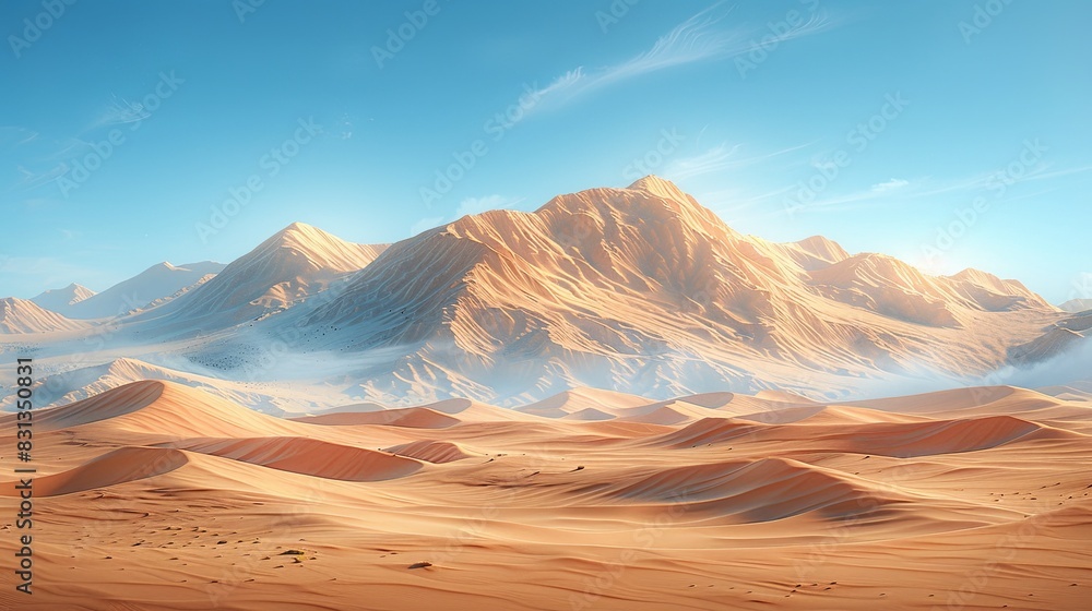 Ultra-Realistic 3D Rendering of Sahara Desert Dunes with Intricate Sand Textures and Subtle Color Gradients in a Clear Sky. Cinematic Atmosphere Capturing the Vastness and Iconic Patterns of Rolling S