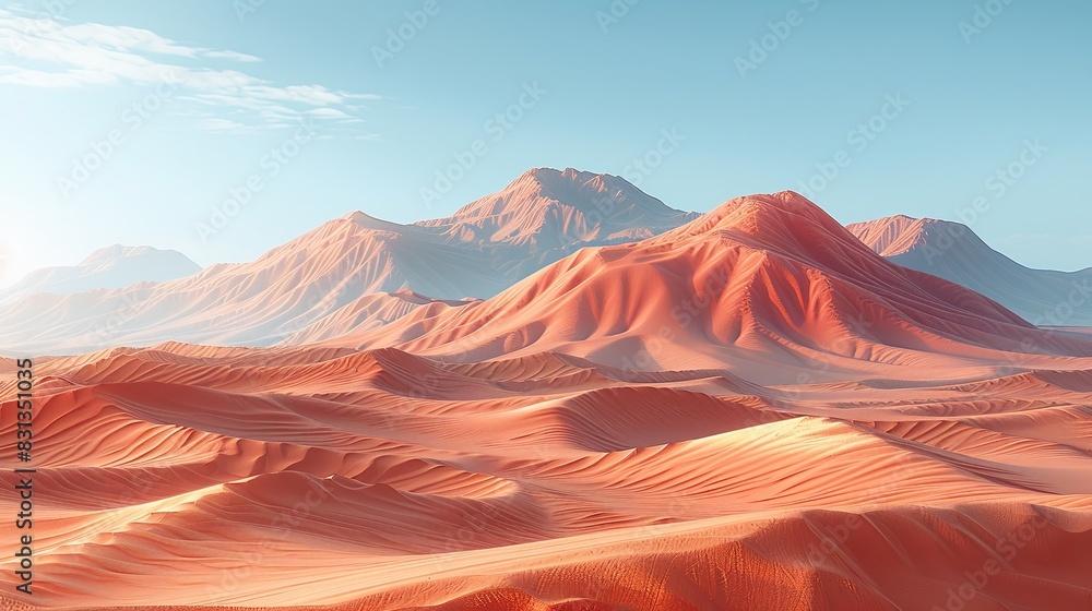 Naklejka premium Ultra-Realistic 3D Rendering of Sahara Desert Dunes with Intricate Sand Textures and Subtle Color Gradients in a Clear Sky. Cinematic Atmosphere Capturing the Vastness and Iconic Patterns of Rolling S