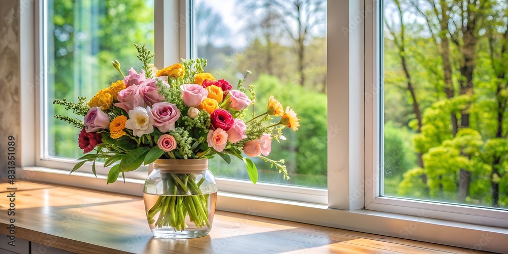 A beautiful bouquet of flowers on the windowsill on a sunny day. A beautiful bouquet of flowers on the windowsill on a sunny day.