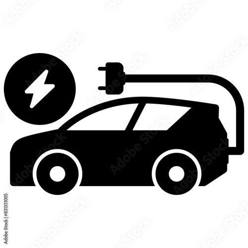 Electric Car with Bolt and Plugin Vector Icon in Black Outline Style