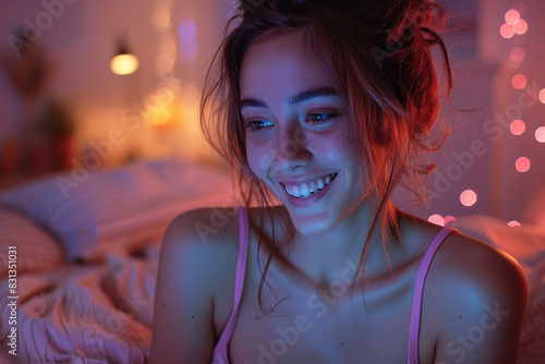 A teenager laughing while watching a prank video on her smartphone. photo