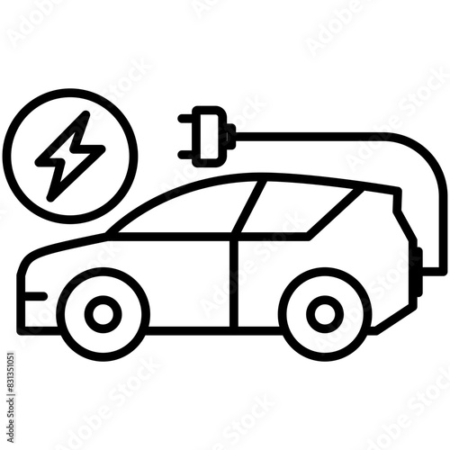 Electric Car with Bolt and Plugin Vector Icon in Black Outline Style