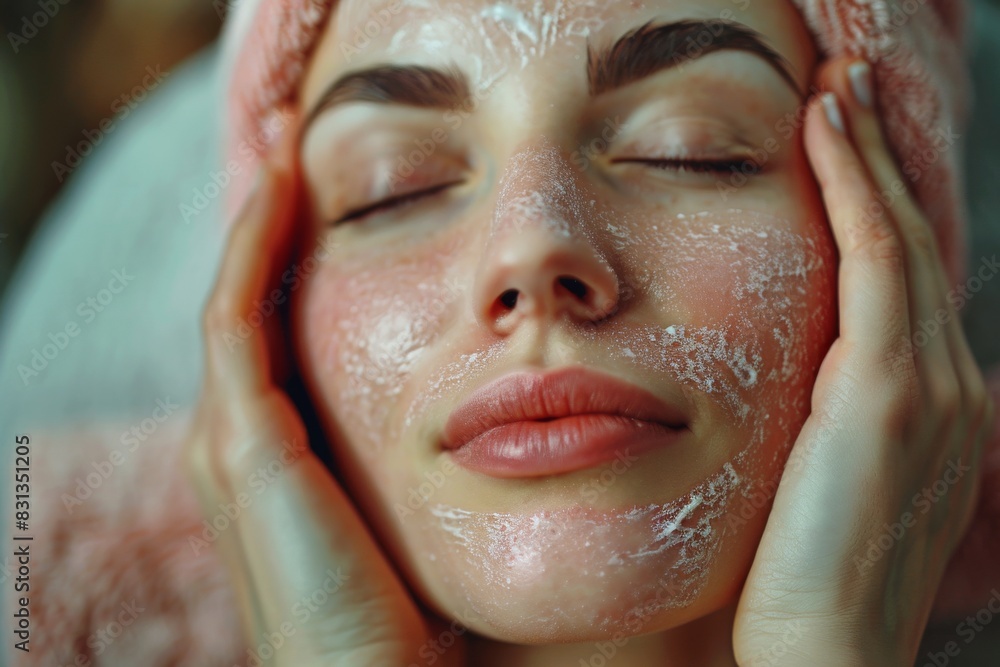 Relaxing spa experience with a woman receiving a facial treatment, ambient lighting, and a serene atmosphere Relaxing spa experience with a woman receiving a facial treatment, ambient lighting, and a serene atmosphere