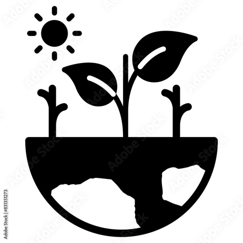 Simple vector icon for Nature Elements: Earth, Plants, and Sun. Black flat Icon on a White Background.Environmental Conservation: Nature Icon with Earth, Plants, and Sun.