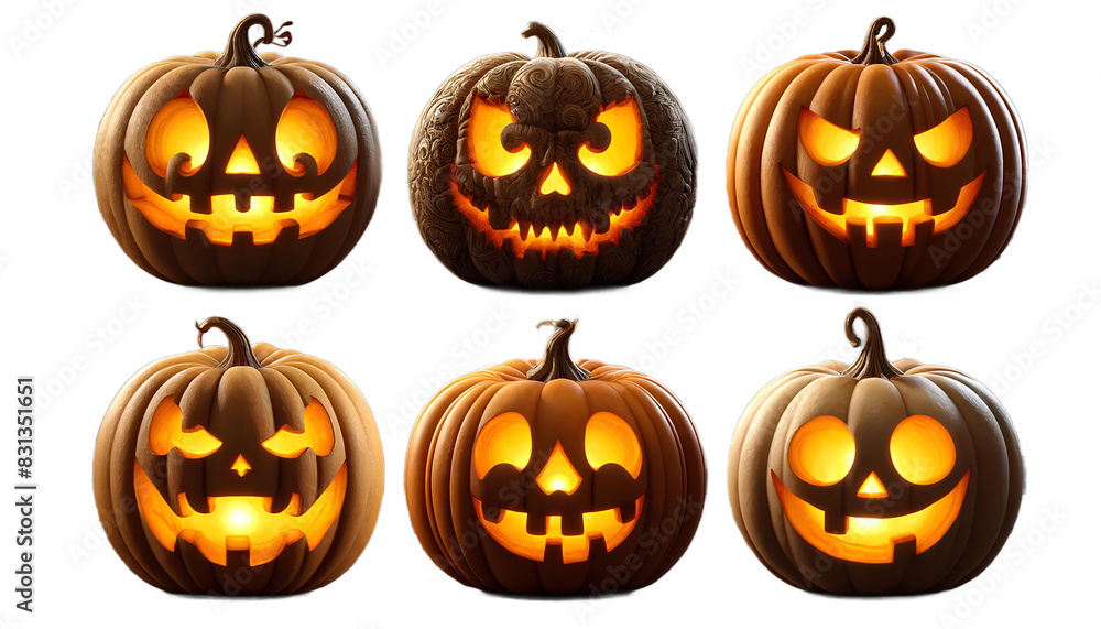 A set of Halloween pumpkins with carved scary faces, featuring autumn decorations and spooky lanterns, perfect for Halloween celebrations A set of Halloween pumpkins with carved scary faces, featuring autumn decorations and spooky lanterns, perfect for Halloween celebrations
