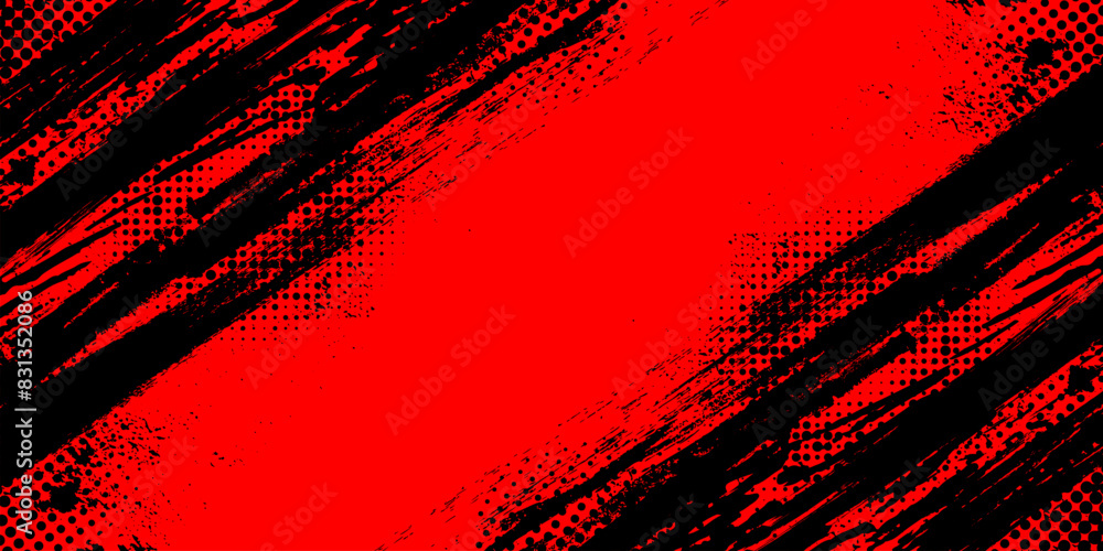 © WzKz - Black and Red Grunge Brush Background with Halftone Effect. Retro Grunge Background