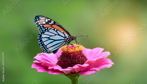Blue Tiger Butterfly Perched on Vibrant Pink Zinnia Flower with Green Background 