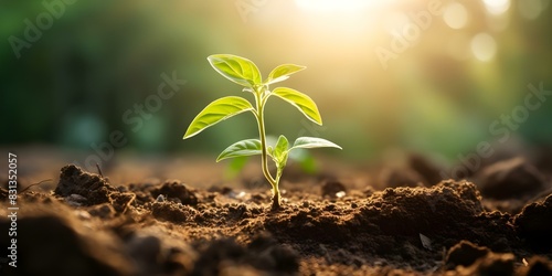 Planting seedling in rich soil under sunlight nurturing growth for sustainability. Concept Gardening, Plant Care, Sustainability, Growth, Sunlight photo