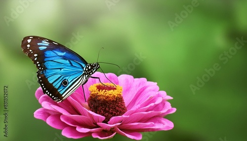 Blue Tiger Butterfly Perched on Vibrant Pink Zinnia Flower with Green Background"