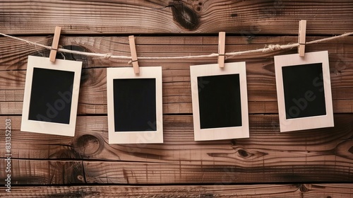 memory showcase blank photo frames hanging on clothesline wooden background nostalgia concept illustration