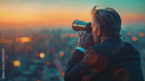 A businessperson looking through a telescope at a distant target, symbolizing long-term vision and strategic planning in the business environment. photo
