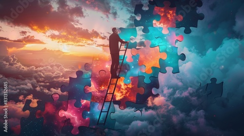 A businessperson standing on a ladder, placing the final piece in a large puzzle, symbolizing strategic management and goal achievement.