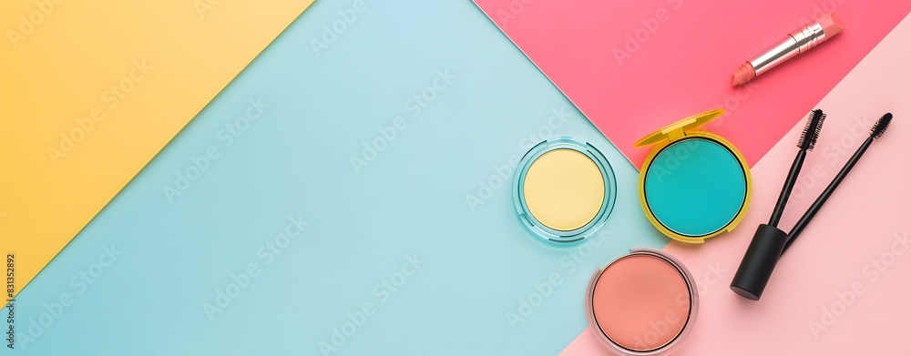 Makeup Products on Pastel Background with Copy Space Makeup Products on Pastel Background with Copy Space