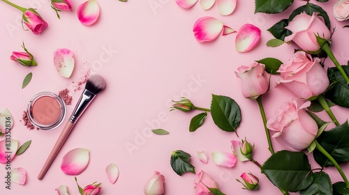 Top view of makeup and beauty products with roses on pink background