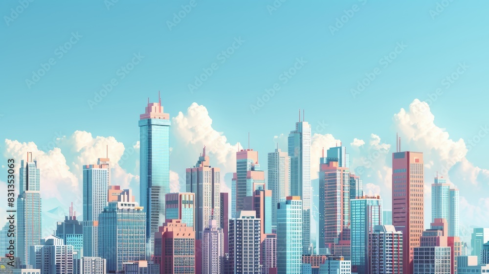 Fototapeta premium A detailed illustration of a city skyline with skyscrapers and office buildings, representing the corporate world and business opportunities.