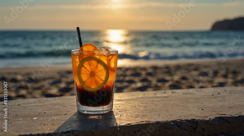 A glass of fresh iced orange americano decorated with sliced ​​orange holding by hand on the beach view, seascape, vertical style. Cold black coffee with orange juice, mixing mocktail drink photo