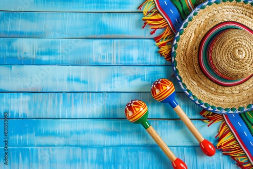 Mexican Background with Sombrero Hat and Maracas on Blue Table