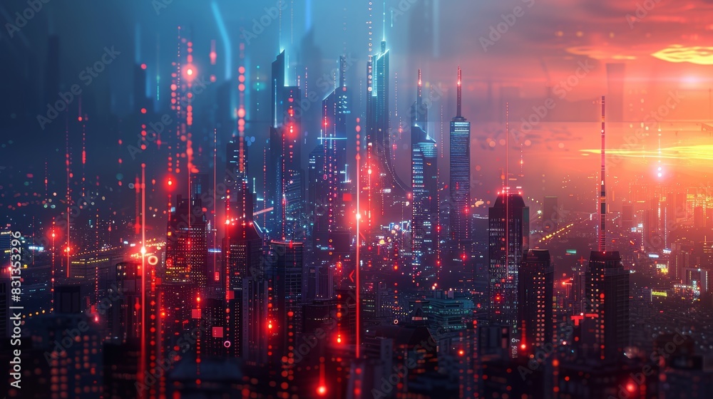 Fototapeta premium A futuristic cityscape with business icons and graphs overlaid, symbolizing innovative business strategies and technological advancement.