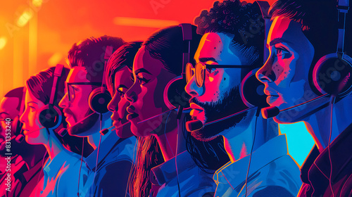 Young people with headsets work at call center.  Image captured in vibrant pop art style, exuding dynamic energy. Bold colors create visually striking composition that captures enthusiasm of this team