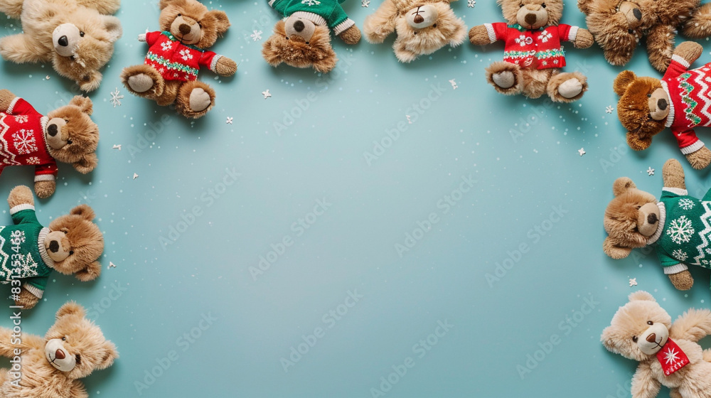 Baby kids toy frame background featuring a charming group of fluffy ginger and tan teddy bears, each in bright Christmas sweaters adorned Baby kids toy frame background featuring a charming group of fluffy ginger and tan teddy bears, each in bright Christmas sweaters adorned