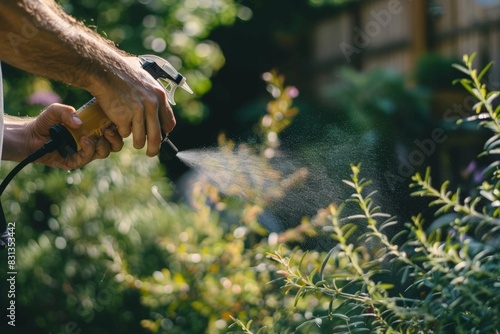 Person using insect repellent spray on flowers in a backyard garden