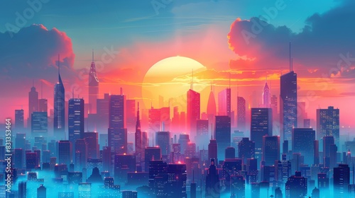 A stylized illustration of a futuristic city skyline  with skyscrapers and business buildings  showcasing the concept of global business hubs and economic centers.