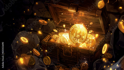 A vintage-style illustration of a golden Bitcoin emerging from a treasure chest filled with glowing blockchain fragments photo