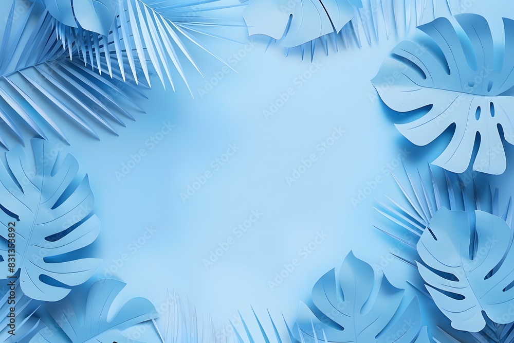 Minimalistic Blue Background with Tropical Leaves in Paper Cut Out Style Minimalistic Blue Background with Tropical Leaves in Paper Cut Out Style