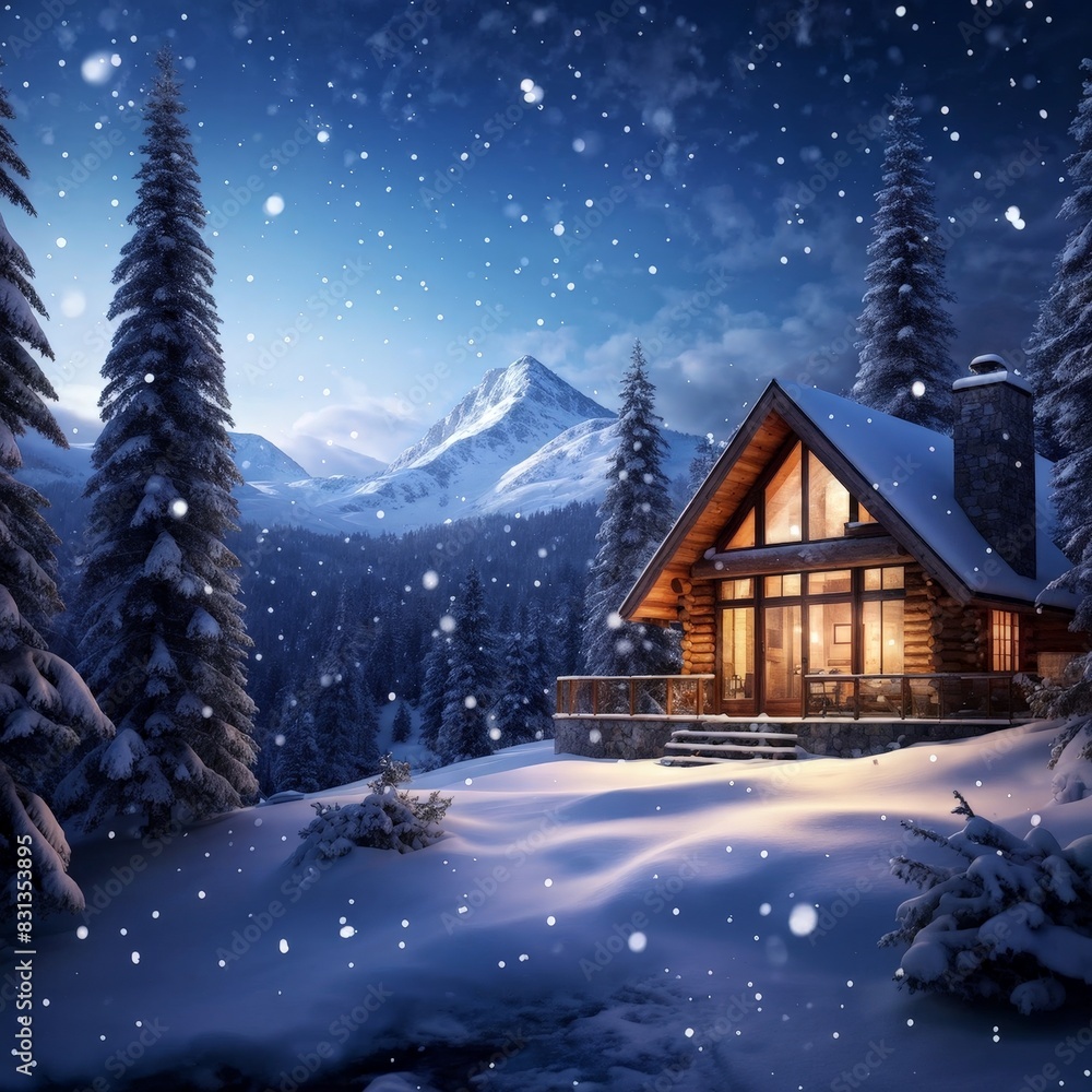 Fototapeta premium snowy winter landscape snowflakes gently descending, generative ai