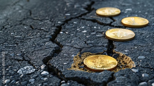 golden coins in cracked asphalt symbolizing corruption and bribery in society concept photo
