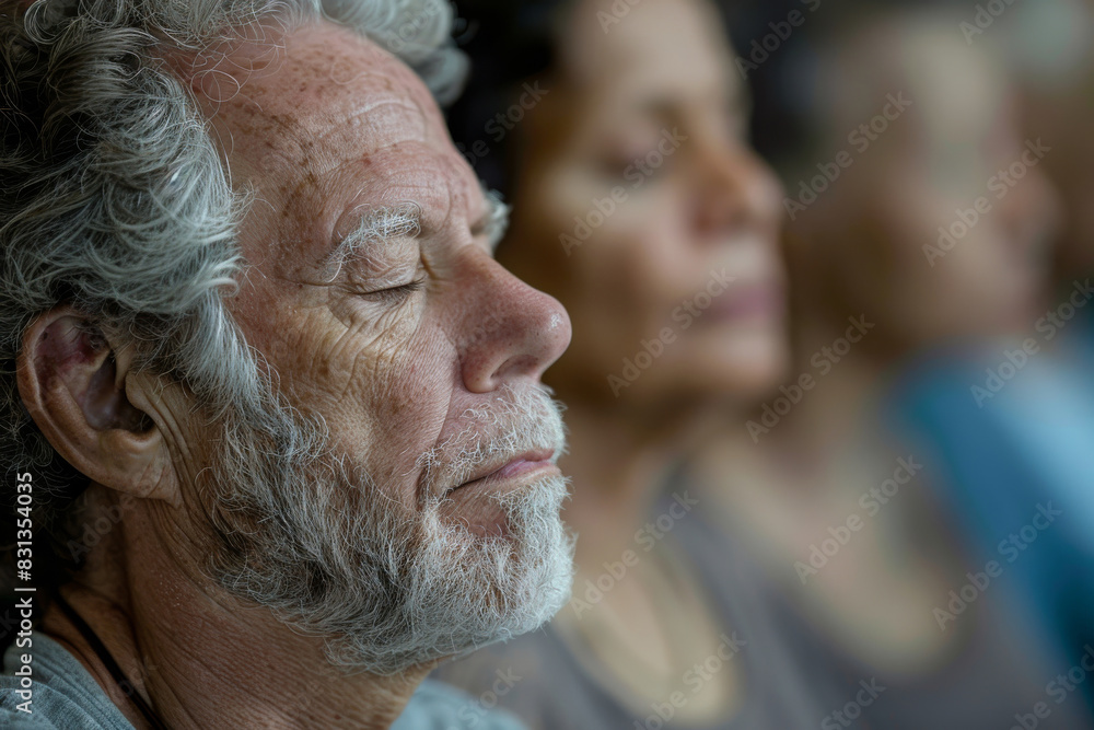 A group of senior people in breathwork and meditation workshop A group of senior people in breathwork and meditation workshop